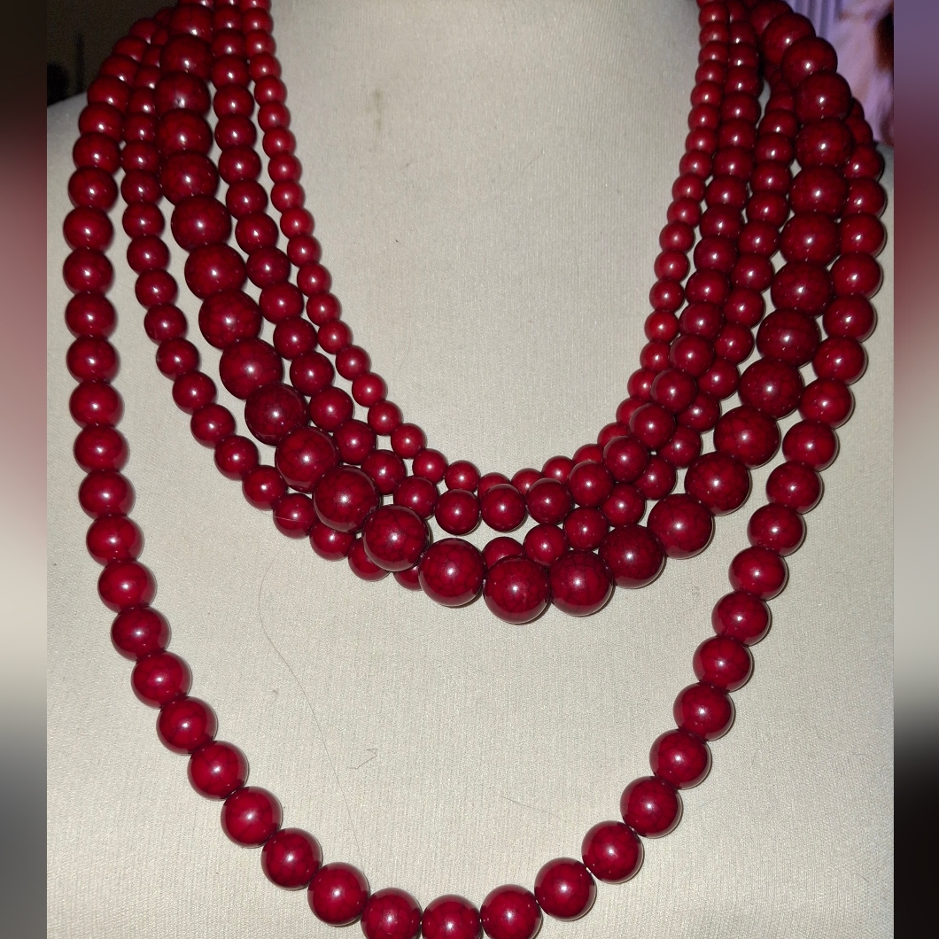 Mika Red On Goldtone Layered Multistrand Beaded Necklace
